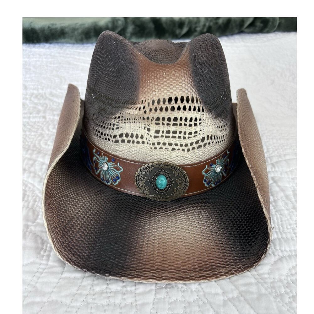 Shyanne Western Straw Cowboy Hat Brown with Decorative Band and Turquoise Concho